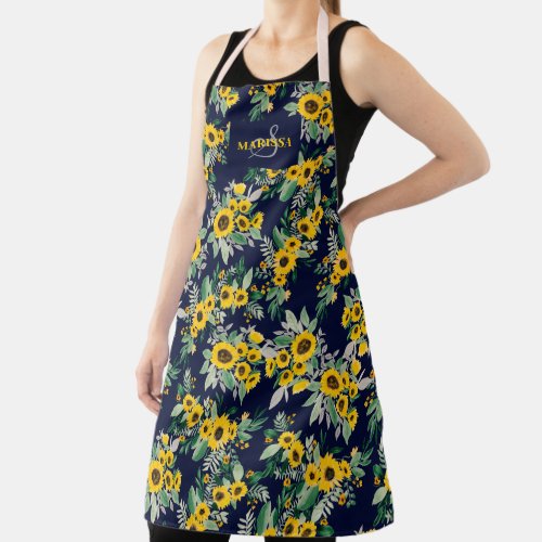 Rustic yellow sunflowers pattern navy monogram apron