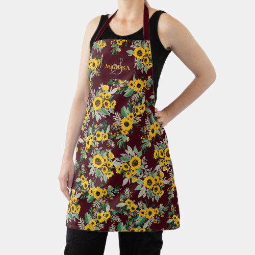 Rustic yellow sunflowers pattern red monogram apron