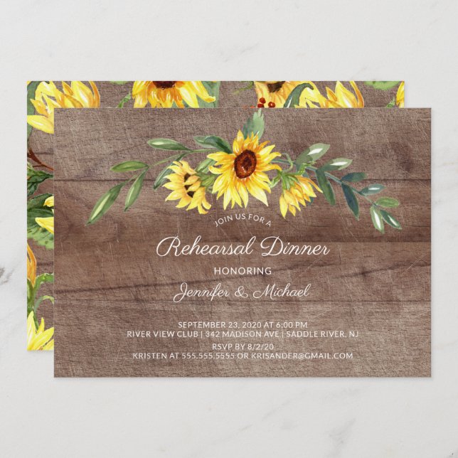 Rustic Yellow Sunflowers Rehearsal Dinner Invitation (Front/Back)