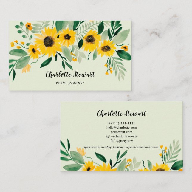 Rustic yellow sunflowers watercolor event planner business card (Front/Back)