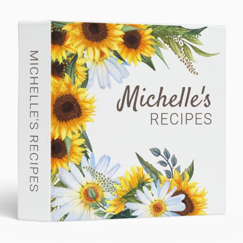 Rustic Yellow Sunflowers White Daisies Recipe 3 Ring Binder