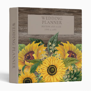 Rustic Yellow Sunflowers Wood Wedding Planner 3 Ring Binder