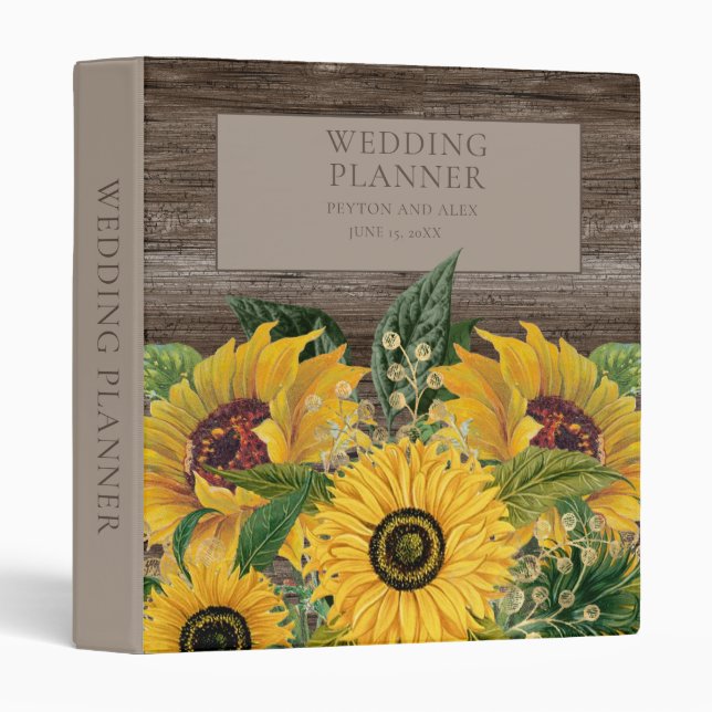 Rustic Yellow Sunflowers Wood Wedding Planner 3 Ring Binder (Front/Spine)