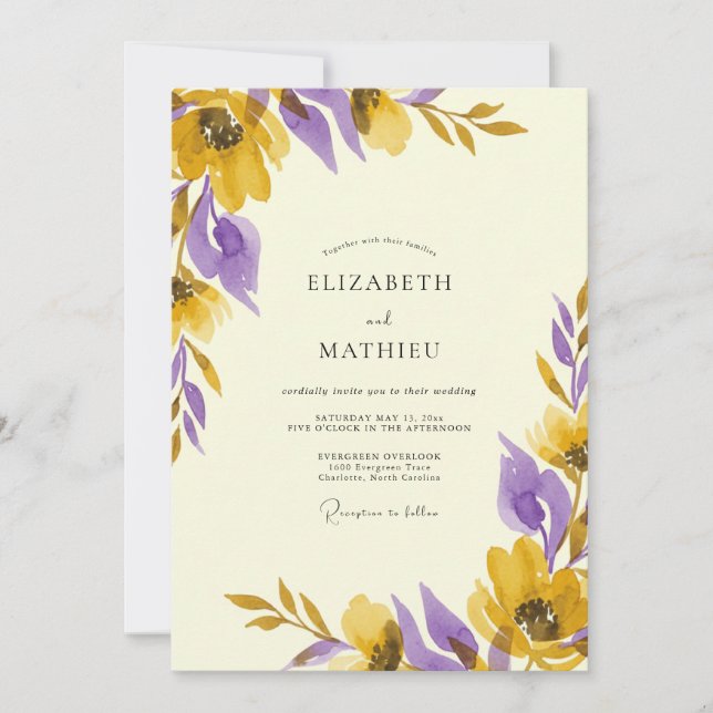 Rustic Yellow Violet Painted Wedding Invitation (Front)