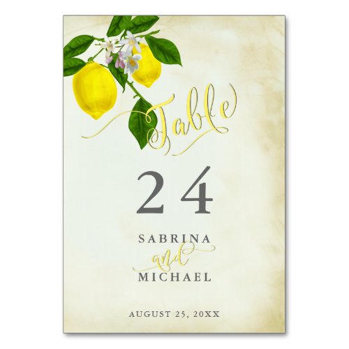 Rustic Yellow Watercolor Lemons Table Card