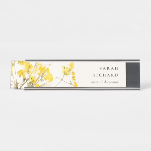 Rustic Yellow Watercolor Wildflower Boho Floral Desk Name Plate