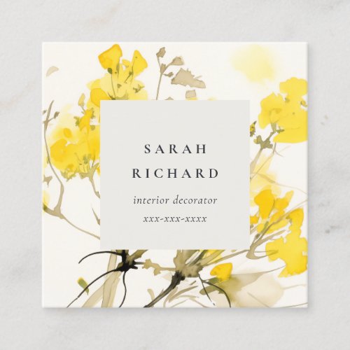 Rustic Yellow Watercolor Wildflower Boho Floral Square Business Card
