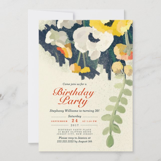 Rustic Yellow White Floral Birthday Party Invite (Front)