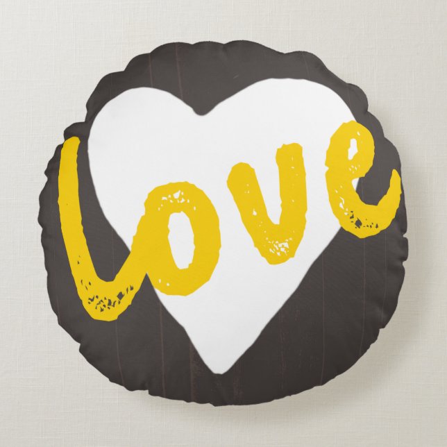 Rustic Yellow White Grey Love Heart Round Pillow (Front)