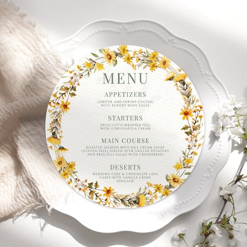 Rustic yellow wildflower round Menu Card Plate