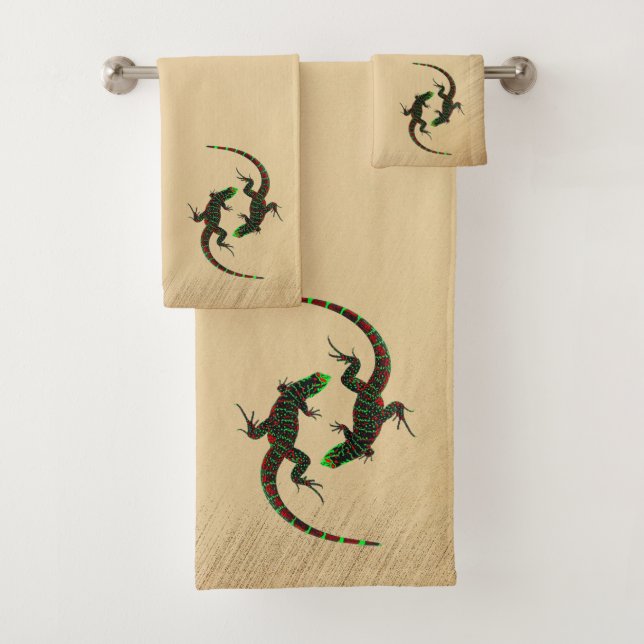 Rustic Yin Yang Lizards Bath Towel Set (Insitu)