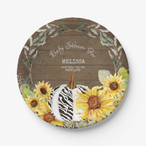 Rustic Zebra White Pumpkin Sunflowers Baby Shower Paper Plates