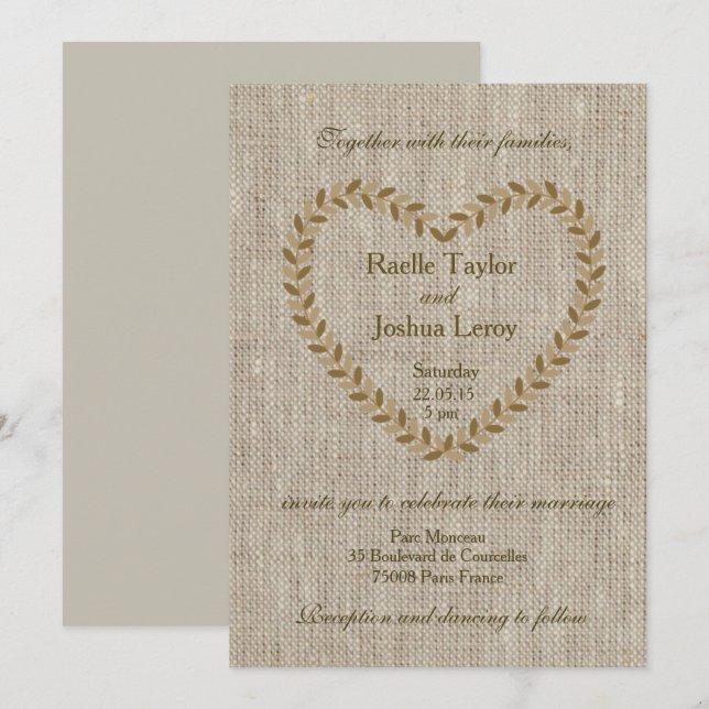 Rustic zen burlap heart taupe wedding invitation (Front/Back)