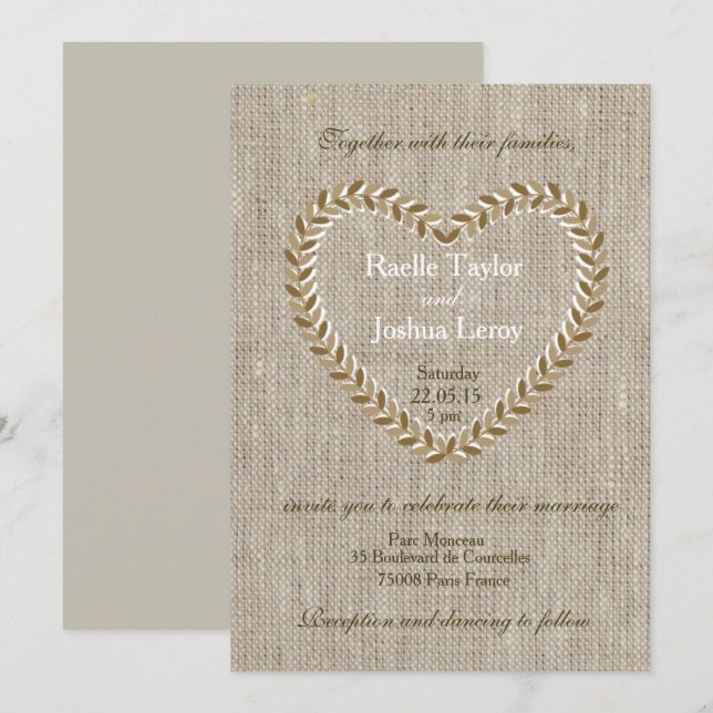 Rustic zen burlap heart taupe wedding invitation (Front/Back)