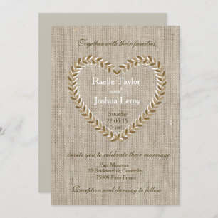 Rustic zen burlap heart taupe wedding invitation