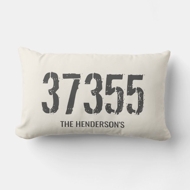 Rustic Zip Code Family Name Beige Custom Lumbar Pillow (Front)