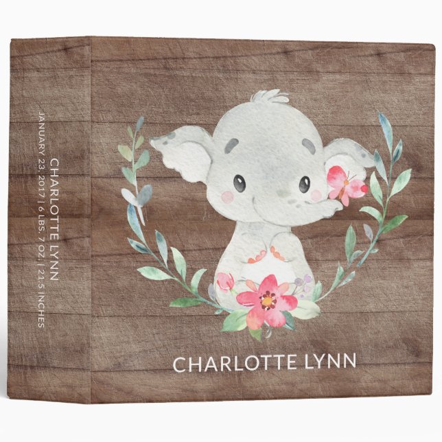 RusticSweet Little Elephant Girls Baby Photo Album 3 Ring Binder (Front/Spine)