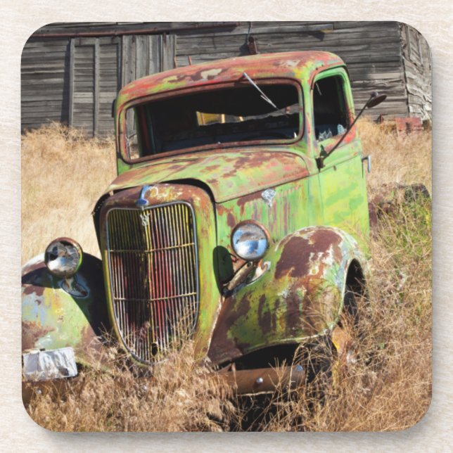 Rusting car in front of abandoned farm drink coaster (Front)