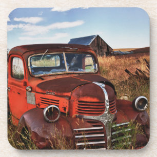Rusting orange Dodge truck with abandoned farm Drink Coaster