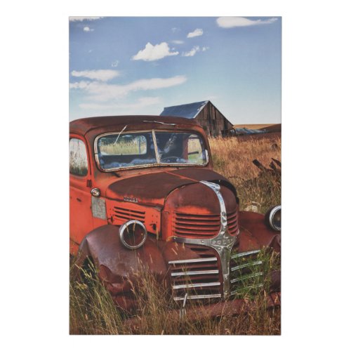 Rusting orange Dodge truck with abandoned farm Faux Canvas Print
