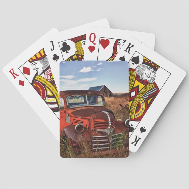 Rusting orange Dodge truck with abandoned farm Poker Cards (Back)