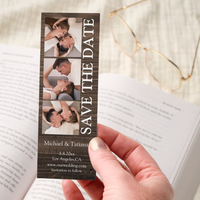 rustis wood 3 photo strip save the date wedding bookmarks (Hand)