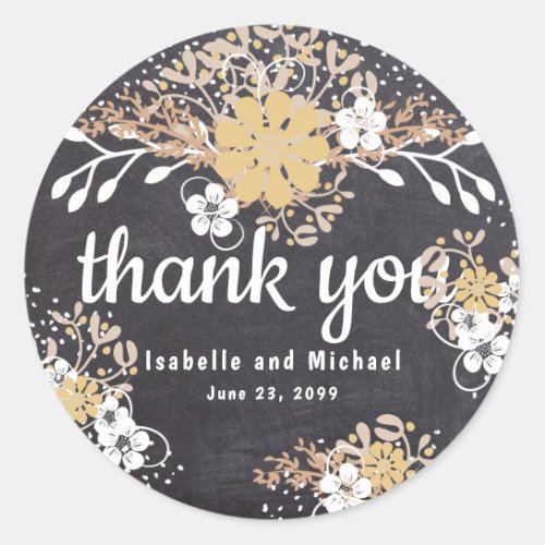 Rustsic White Gold Floral Chalkboard Thank You Classic Round Sticker