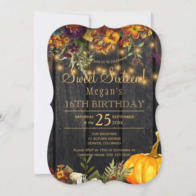 Rusty autumn floral chic sweet sixteen birthday invitation (Front)