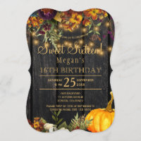 Rusty autumn floral chic sweet sixteen birthday invitation