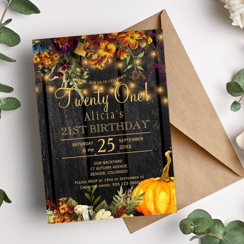 Rusty autumn floral chic twenty one birthday invitation