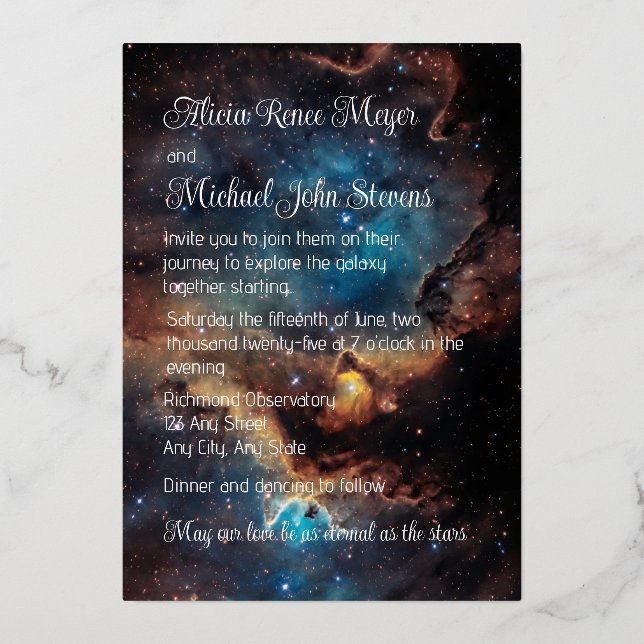 Rusty Blue Cloud Nebula Gold Foil Invitation (Back)