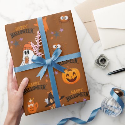 rusty brown Happy Halloween Cute Ghost Pumpkin  Wrapping Paper