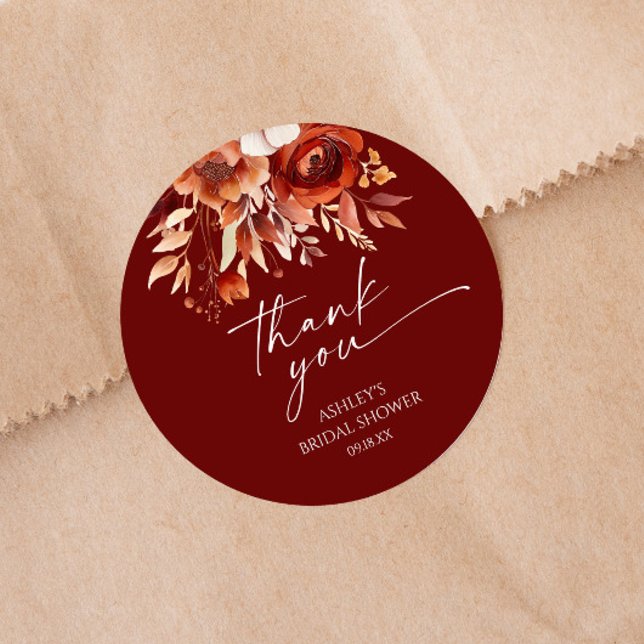 Rusty Burgundy Brown Floral Flower Bridal Shower Classic Round Sticker (Creator Uploaded)