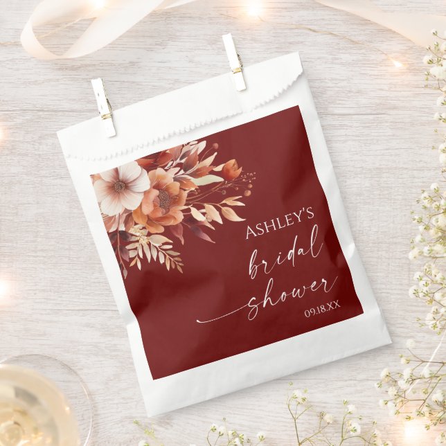 Rusty Burgundy Brown Floral Flower Bridal Shower Favor Bag (Clipped)