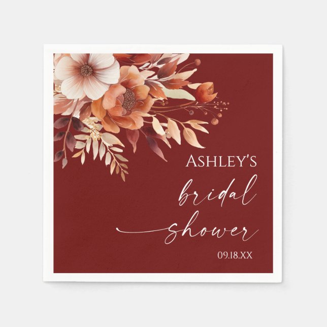 Rusty Burgundy Brown Floral Flower Bridal Shower Napkins (Front)