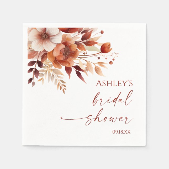 Rusty Burgundy Brown Floral Flower Bridal Shower Napkins (Front)