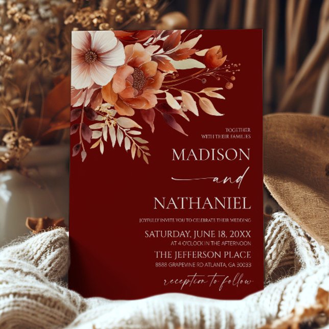 Rusty Burgundy Brown Floral Flower Garden Wedding Invitation (Creator Uploaded)