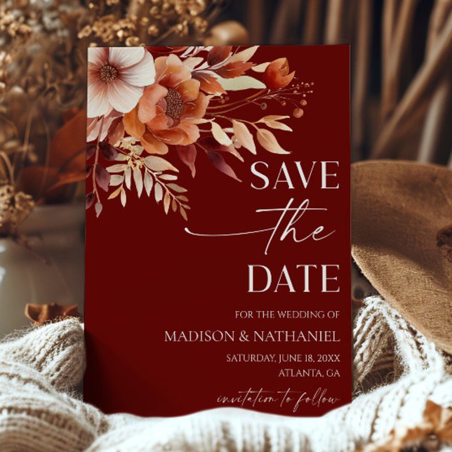 Rusty Burgundy Brown Floral Flower Garden Wedding  Save The Date (Creator Uploaded)