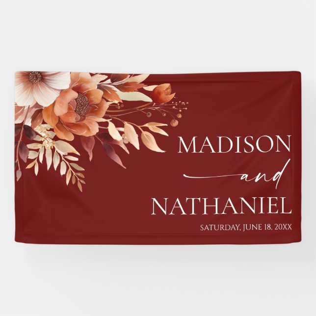 Rusty Burgundy Brown Floral Flower Wedding Banner (Horizontal)