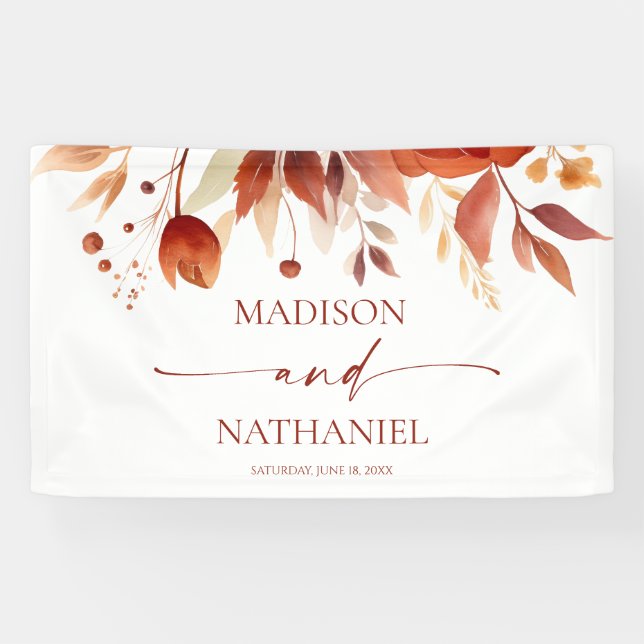 Rusty Burgundy Brown Floral Flower Wedding Banner (Horizontal)