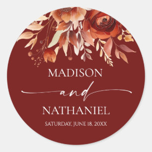 Rusty Burgundy Brown Floral Flower Wedding Classic Round Sticker