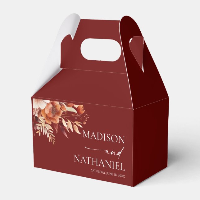 Rusty Burgundy Brown Floral Flower Wedding Favor Boxes (Front Side)