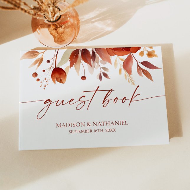 Rusty Burgundy Brown Floral Flower Wedding Guest Book (Creator Uploaded)
