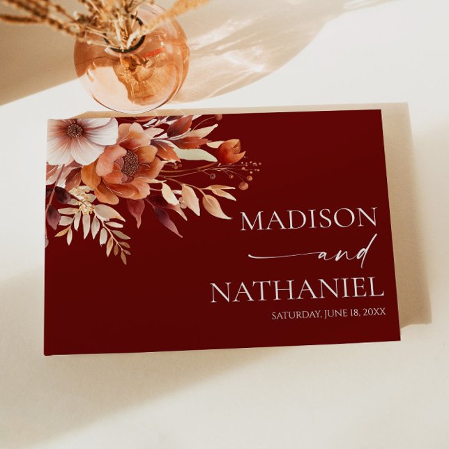 Rusty Burgundy Brown Floral Flower Wedding Guest Book (Creator Uploaded)