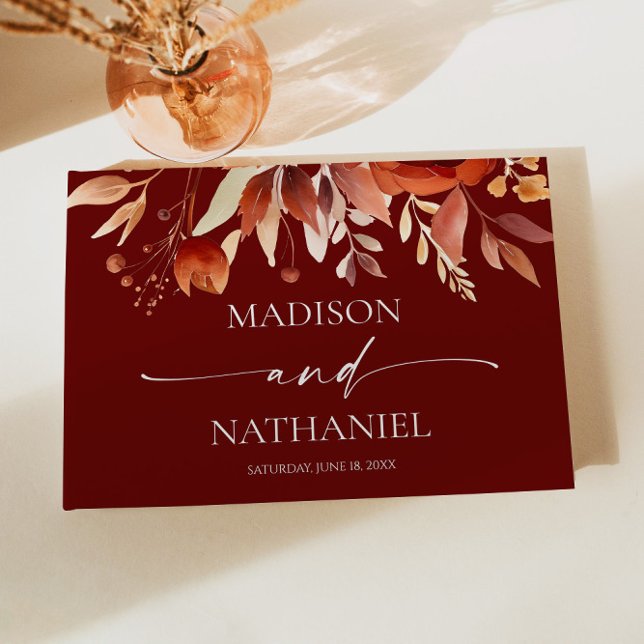 Rusty Burgundy Brown Floral Flower Wedding Guest Book (Creator Uploaded)