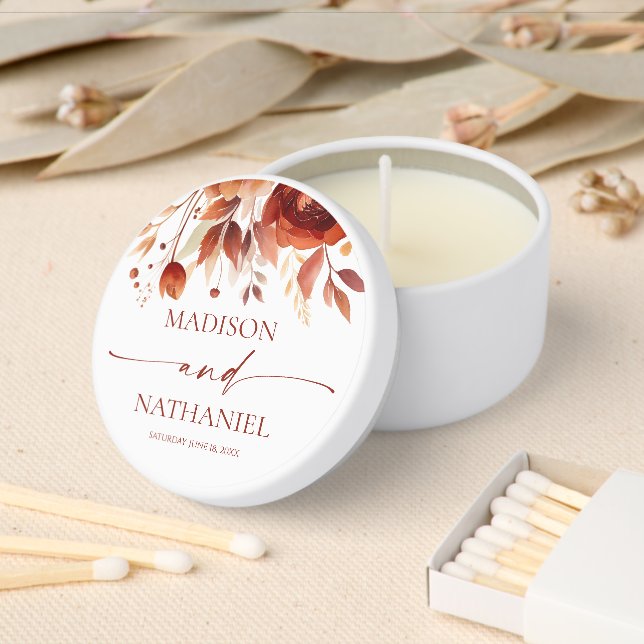 Rusty Burgundy Brown Floral Flower Wedding Mini Candle Favors (Insitu)