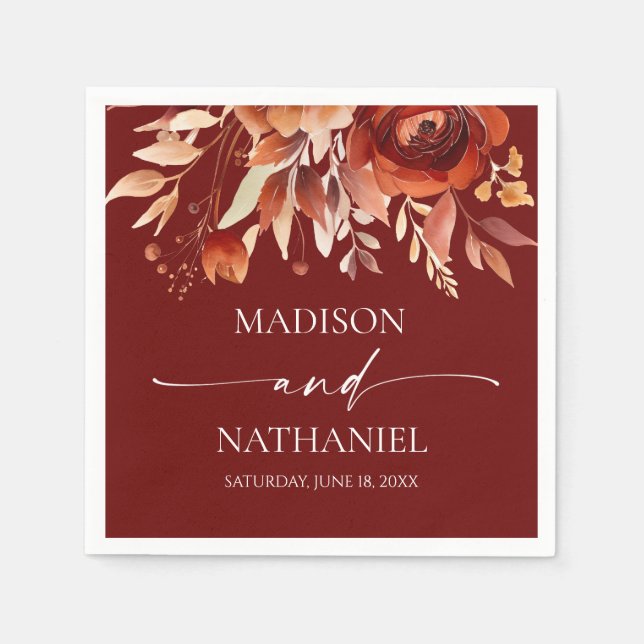 Rusty Burgundy Brown Floral Flower Wedding Napkins (Front)