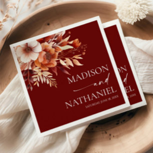 Rusty Burgundy Brown Floral Flower Wedding Napkins