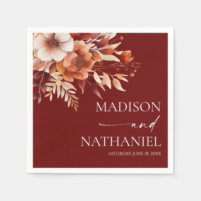 Rusty Burgundy Brown Floral Flower Wedding Napkins (Front)