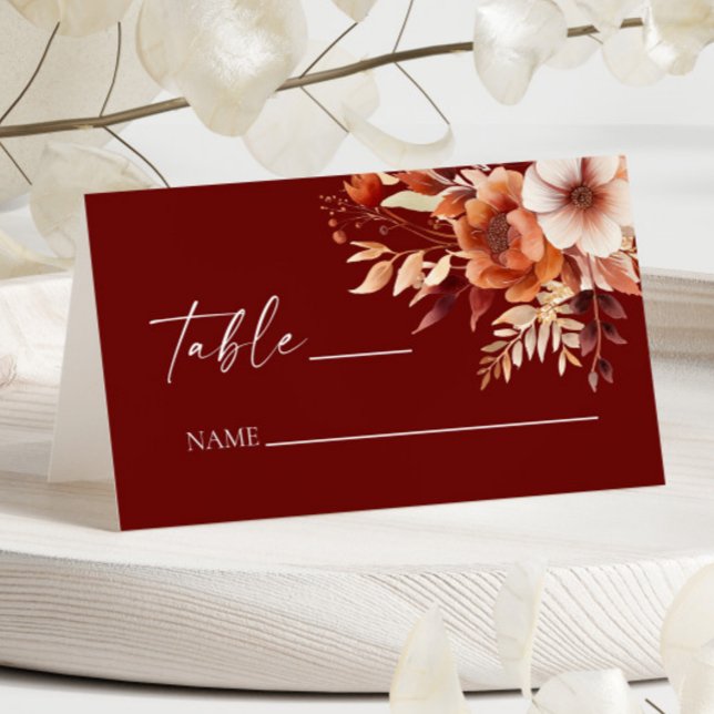 Rusty Burgundy Brown Floral Flower Wedding Place Card (Creator Uploaded)